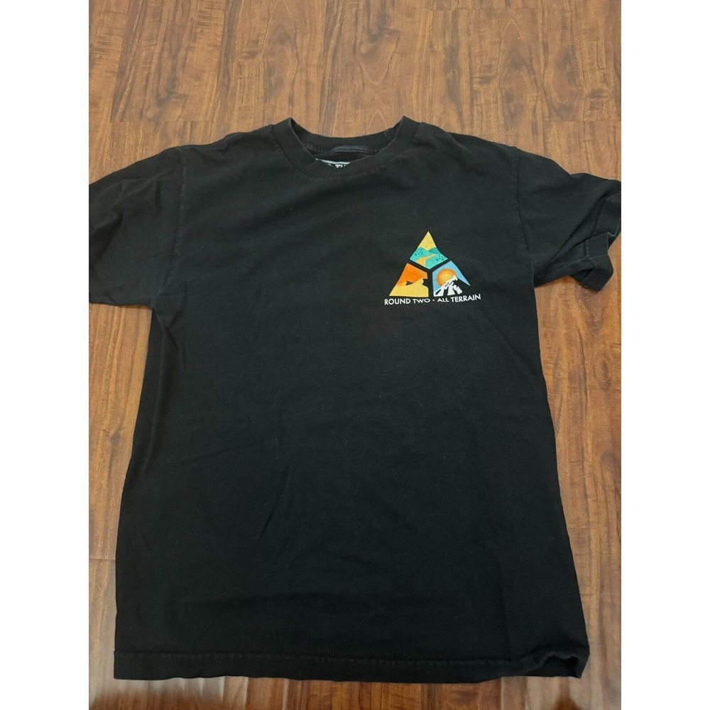 RoundTwo Mens Black All Terrain T-shirt Size Small Two Sided Graphics Mountains